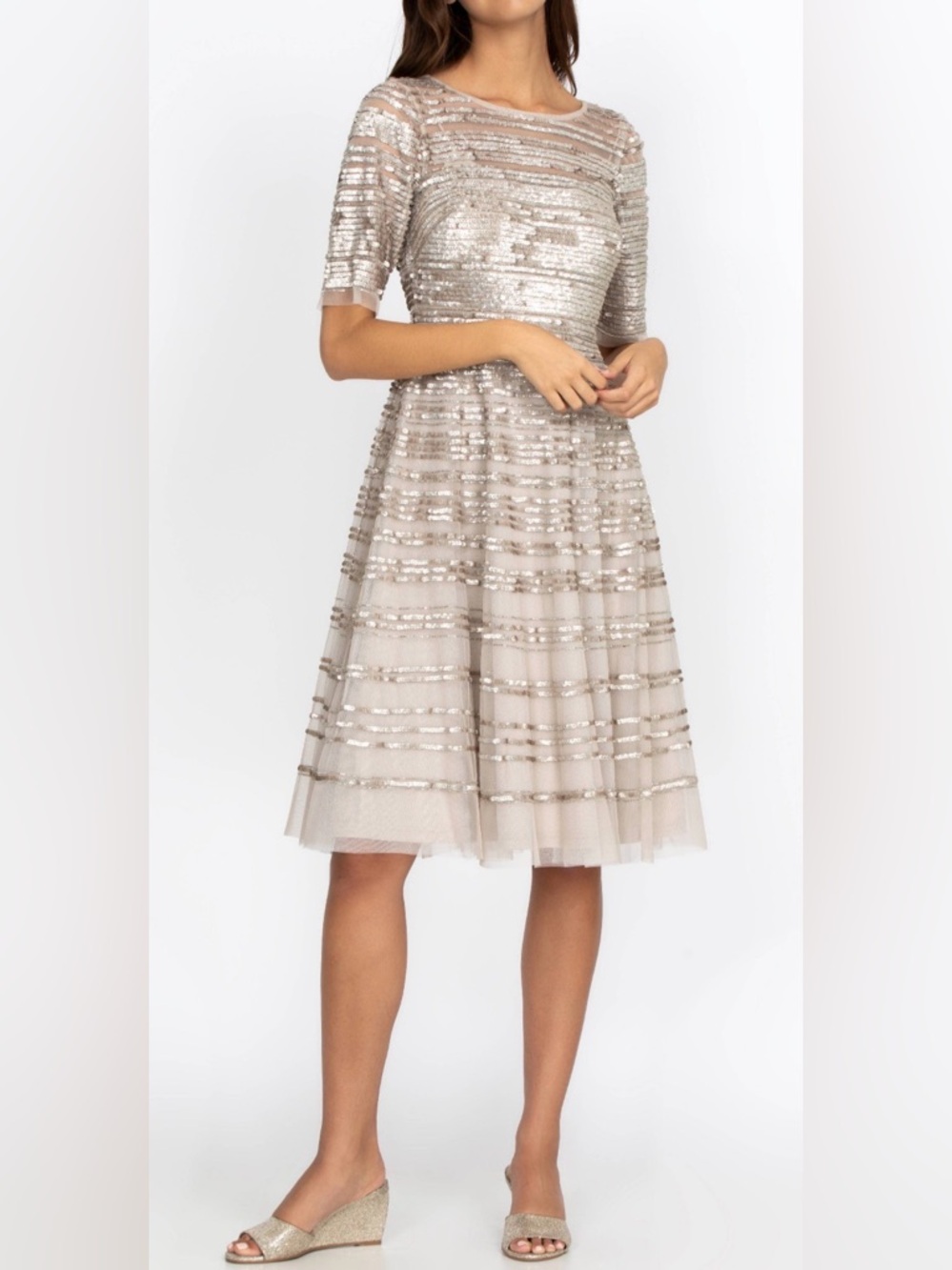 Johnny Was Champagne Beaded Mesh Dress